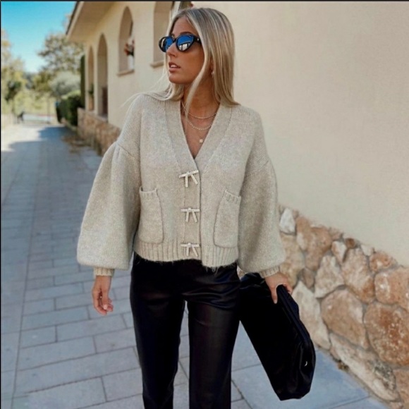 Matching Set - Knit Cardigan Top with Jewel Button - Picture 2 of 15